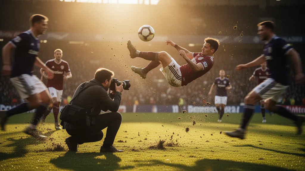 Sports photographer capturing soccer player executing bicycle kick during golden hour match with dynamic field action