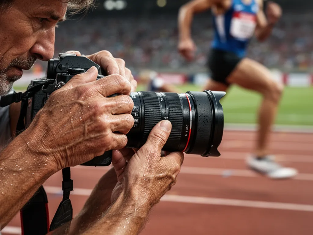 Photographer's hands adjusting camera lens with sprinting athlete blurred in background during track event