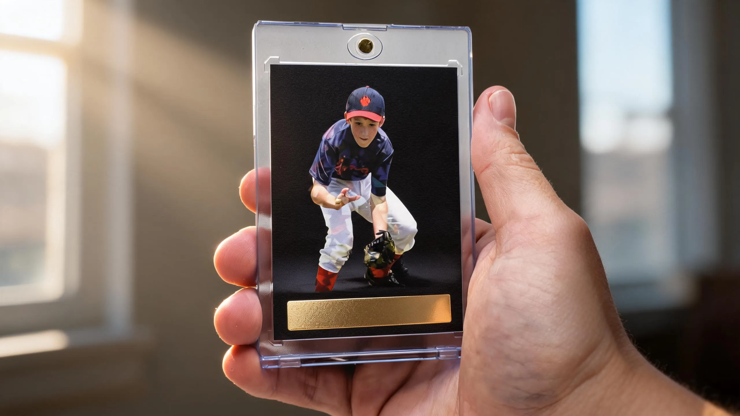 Hand holding a magnetic case with a premium athlete trading card, gifts for sports players.