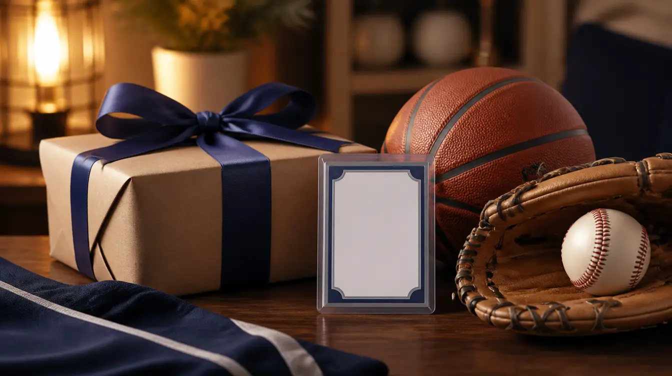 A wrapped gift box beside sports gear and a blank trading card