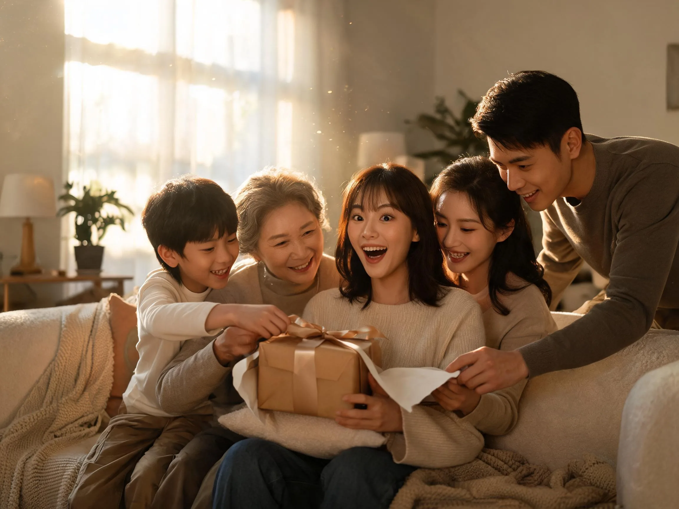 Family sharing a joyful surprise as someone unwraps a heartfelt gift at home.