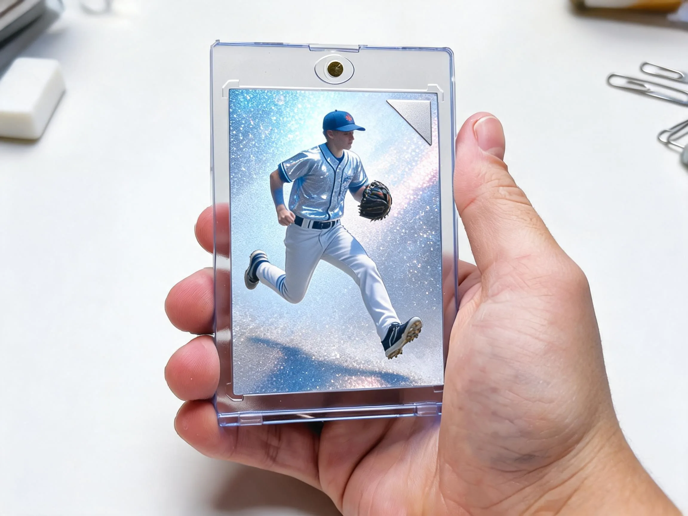 Custom keepsake trading card of an athlete displayed in a clear magnetic case.