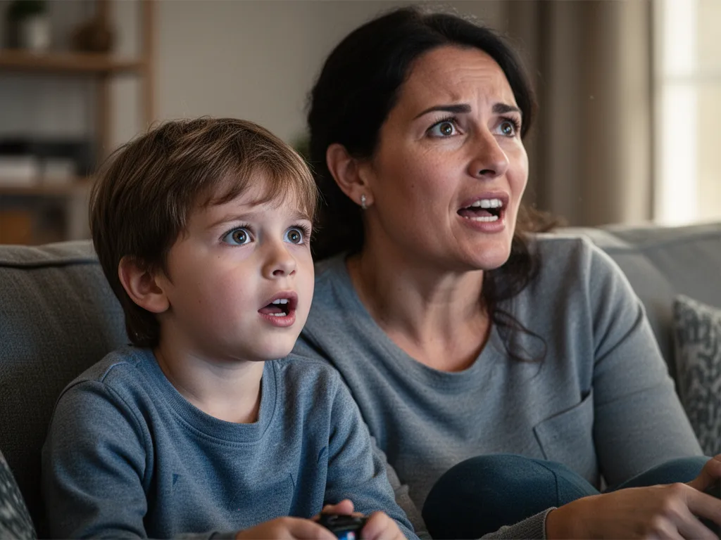 Parent and child bonding while watching sports together on couch with genuine engaged expressions and togetherness.