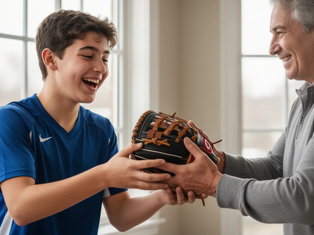 Teen athlete's delighted reaction while receiving new sports equipment gift from parent indoors