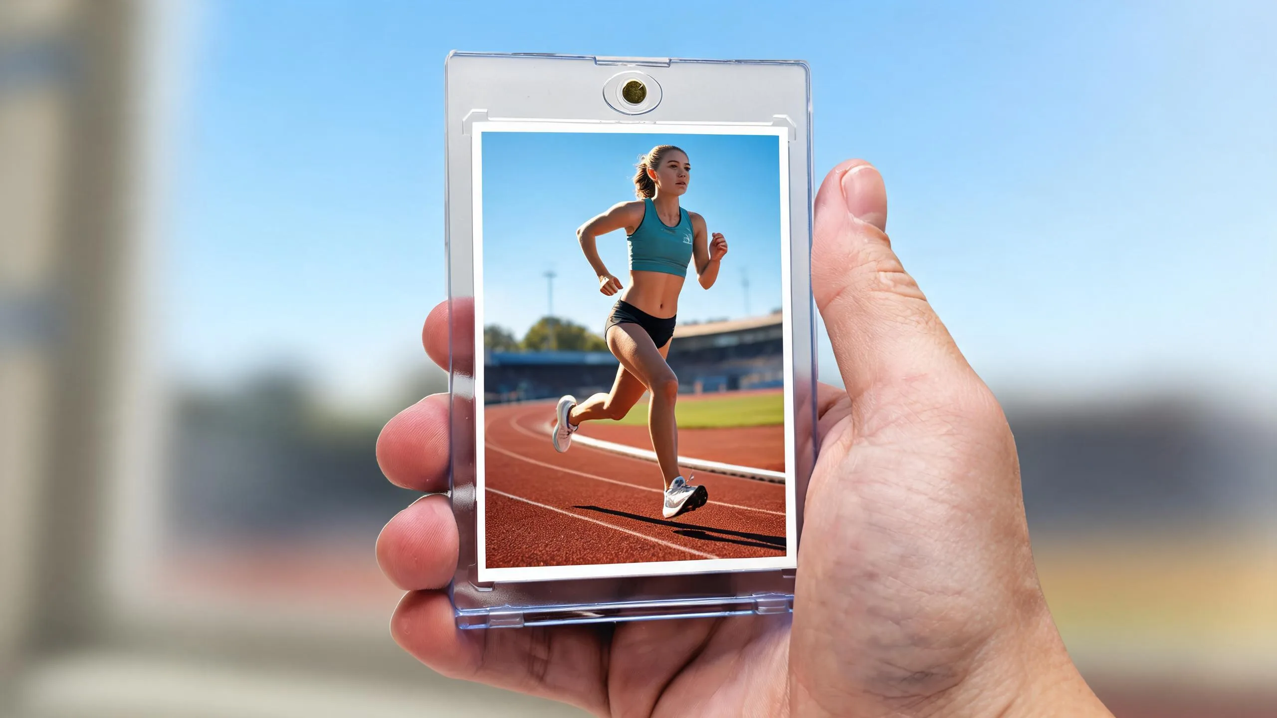 Hand holding magnetic card case with runner card, ideal gifts for the sports fan.