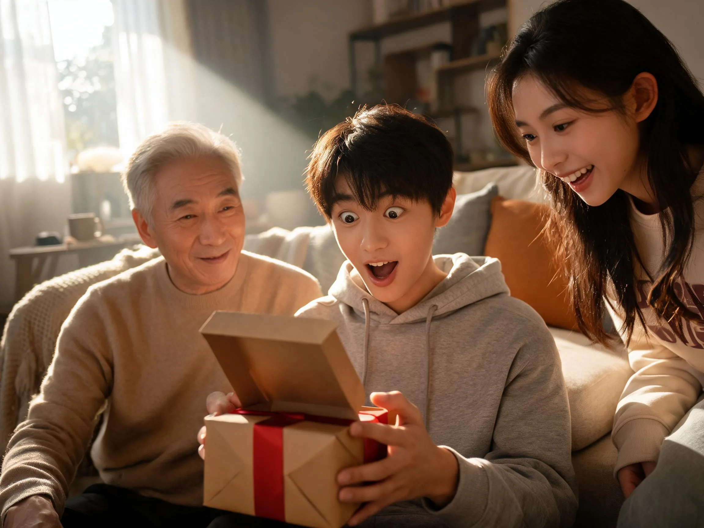 Grandfather and siblings share a joyful surprise while unwrapping a heartfelt gift together.
