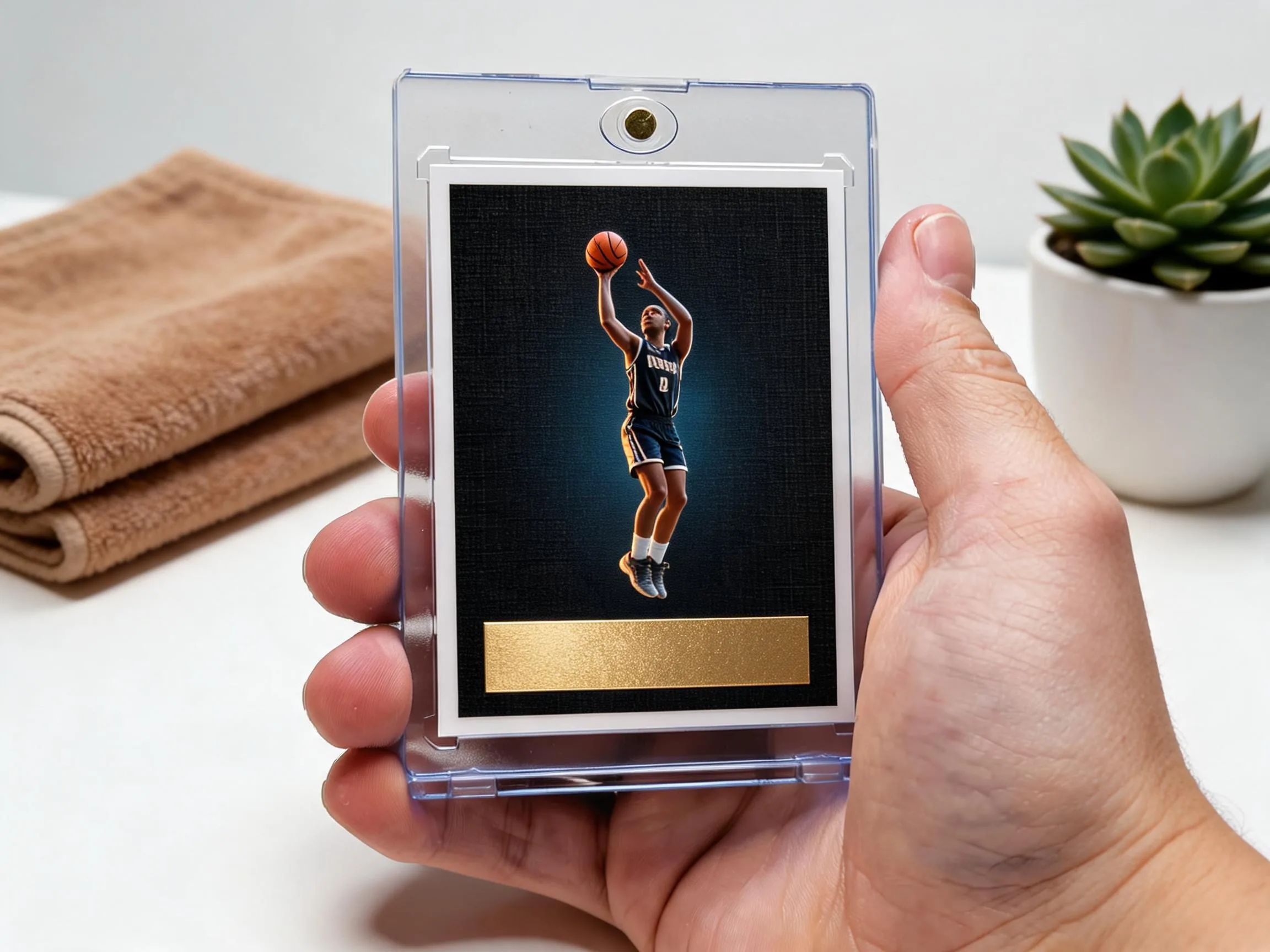 Custom keepsake trading card of a basketball player displayed in magnetic case.