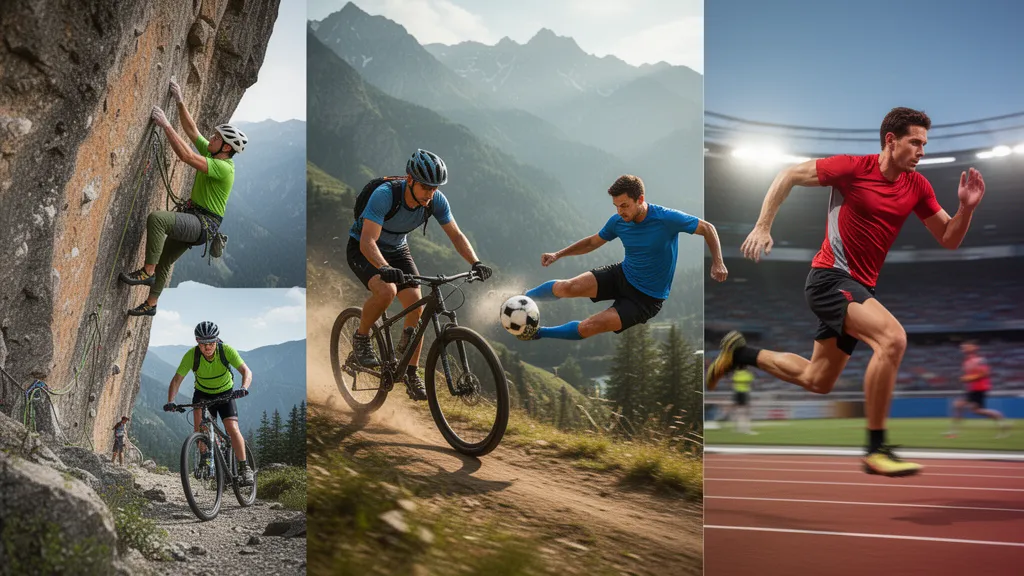 Diverse athletes competing in various sports including climbing, cycling, soccer, and running in dynamic motion