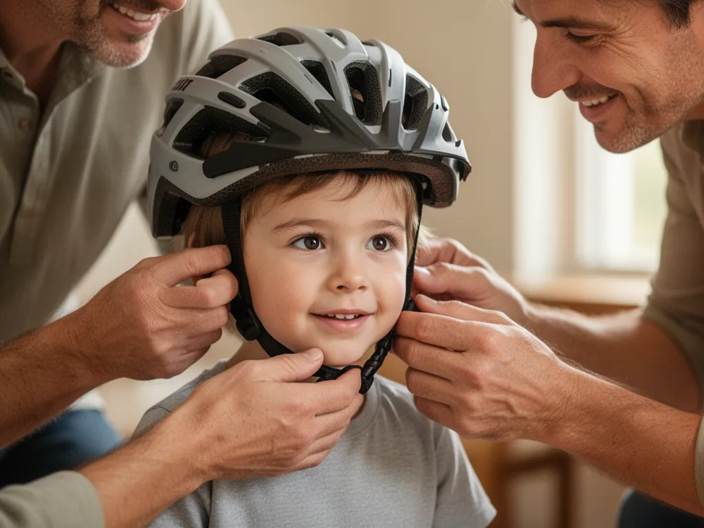 Parent assisting child with sports helmet in a touching moment of athletic encouragement and bonding