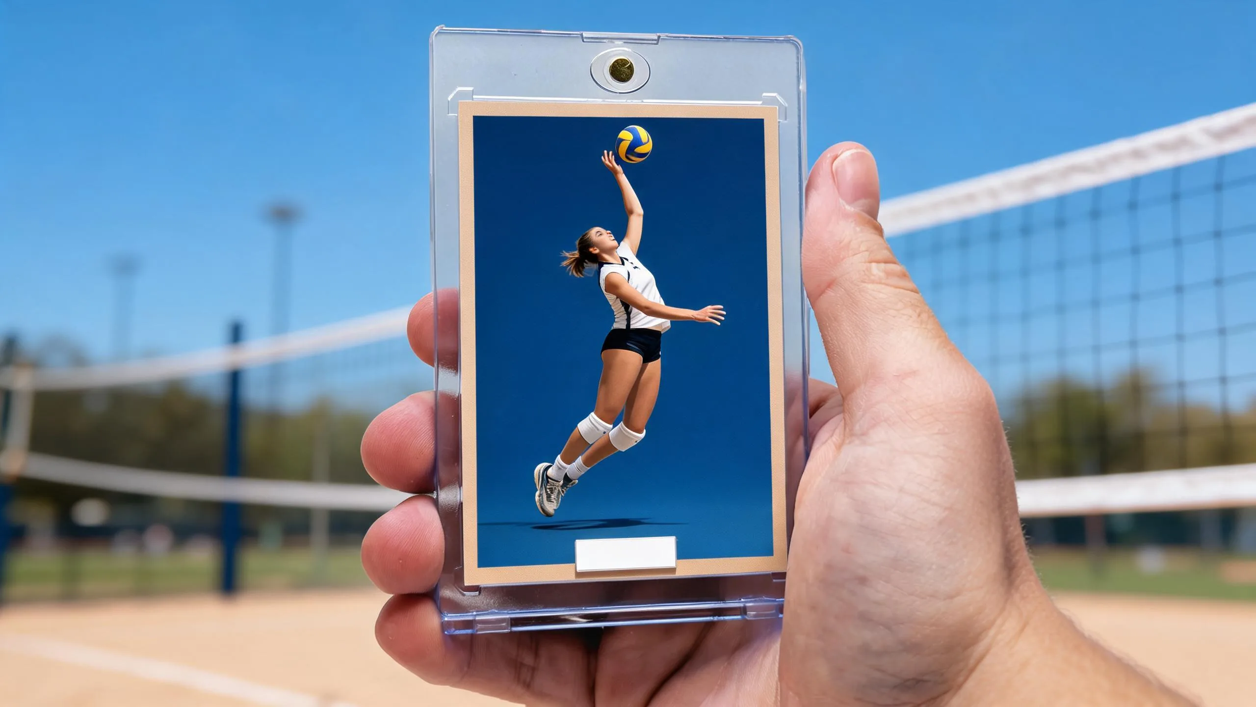 Hand holding magnetic case with volleyball player card, a premium gift for volleyball players.