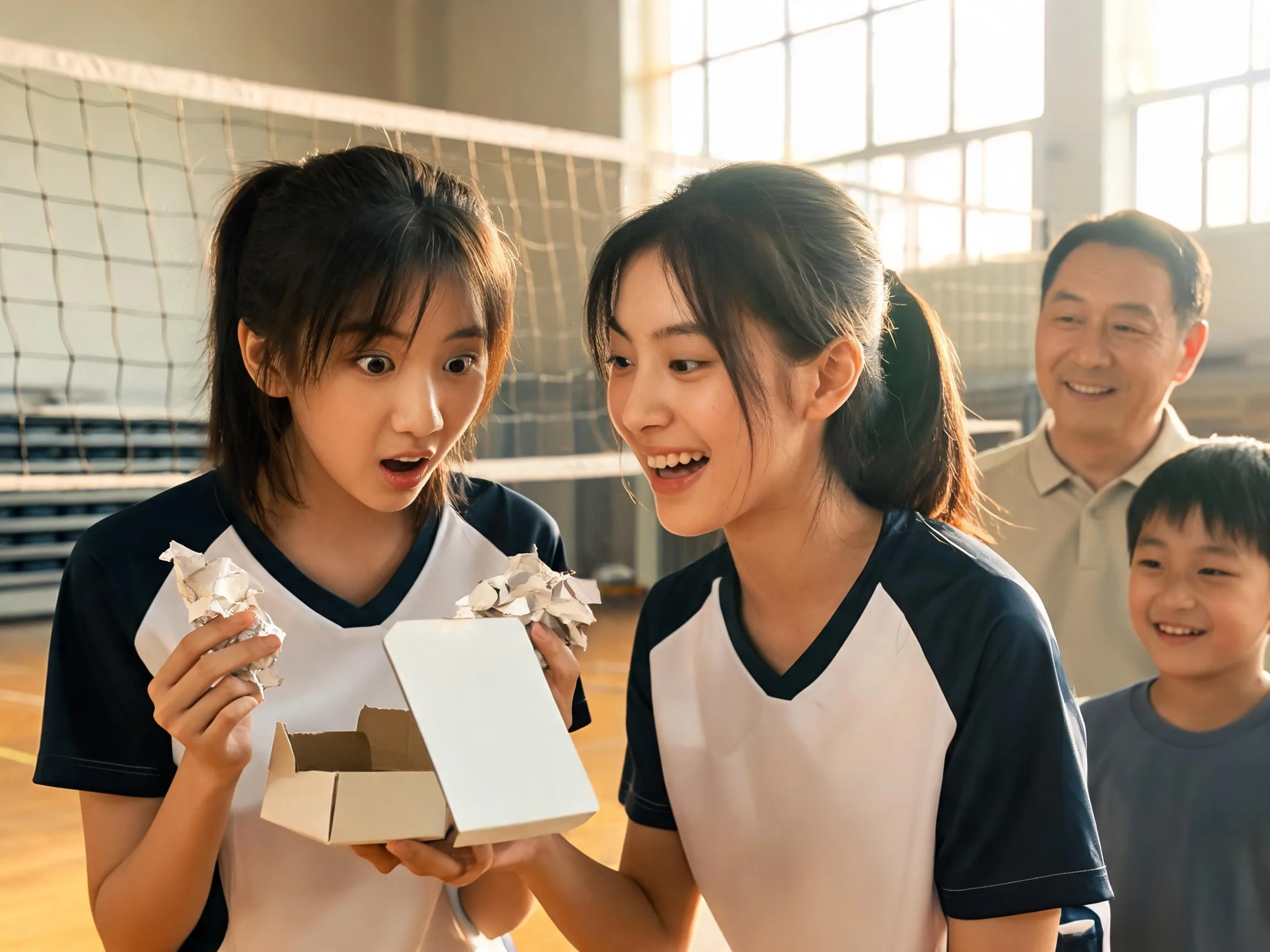 Volleyball player smiling in surprise while unwrapping a heartfelt gift with teammates.