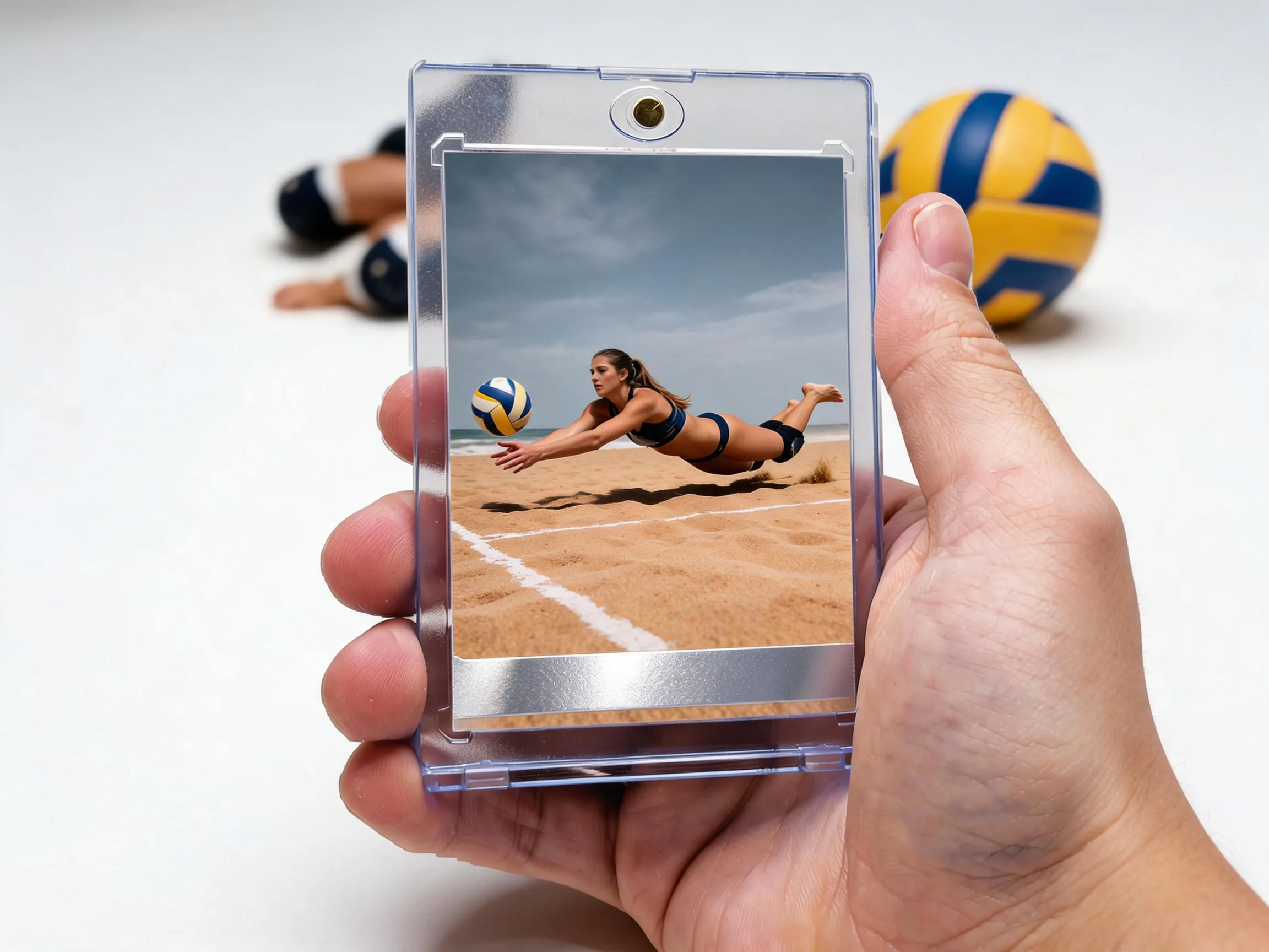 Custom volleyball trading card in clear magnetic case, close-up gift product shot.