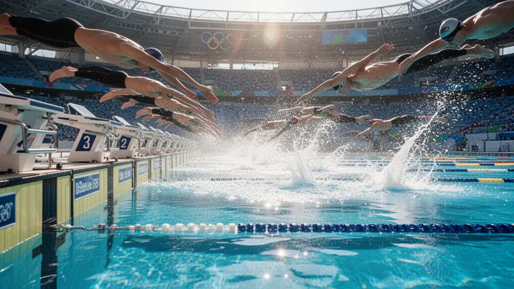 Multiple swimmers diving off blocks into a bright blue competition pool with water splashing