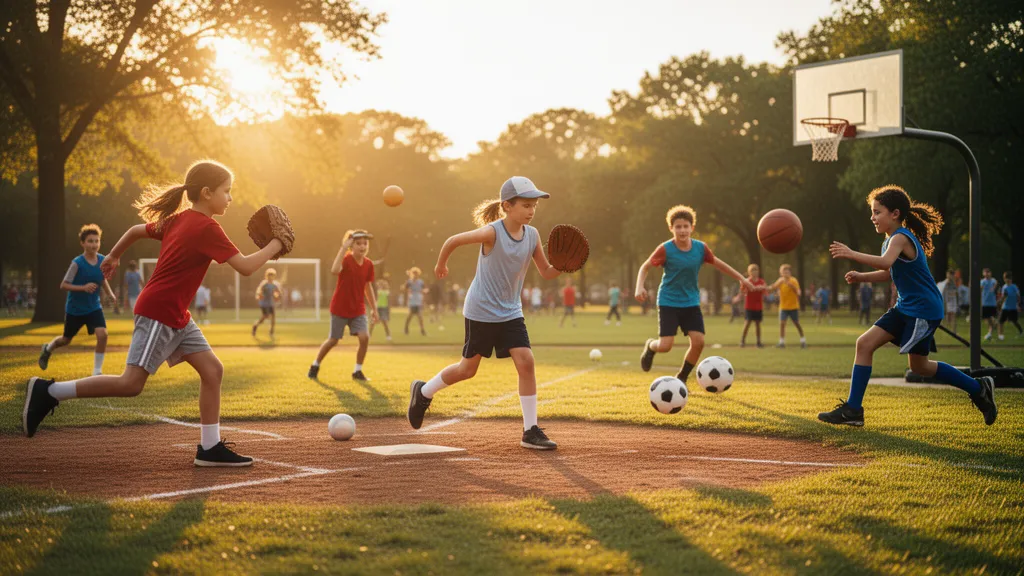 Young athletes playing multiple sports outdoors during golden hour with dynamic motion and natural lighting