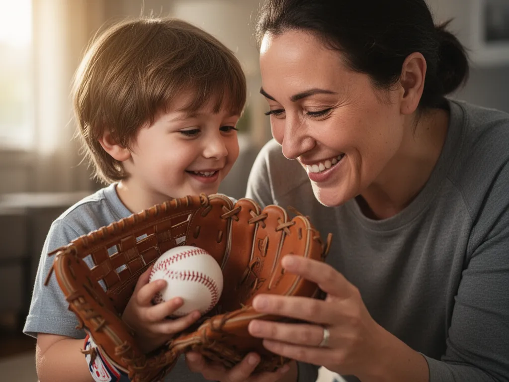 Parent and child bonding while examining baseball glove and ball together indoors with warm lighting