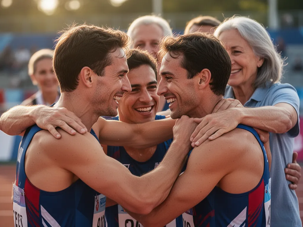 Athletes and loved ones celebrating together with genuine emotion and joy after competition