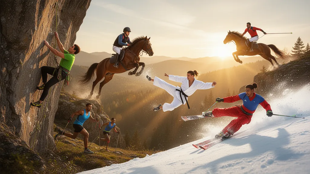 Multiple athletes engaged in different sports activities simultaneously outdoors in dynamic motion