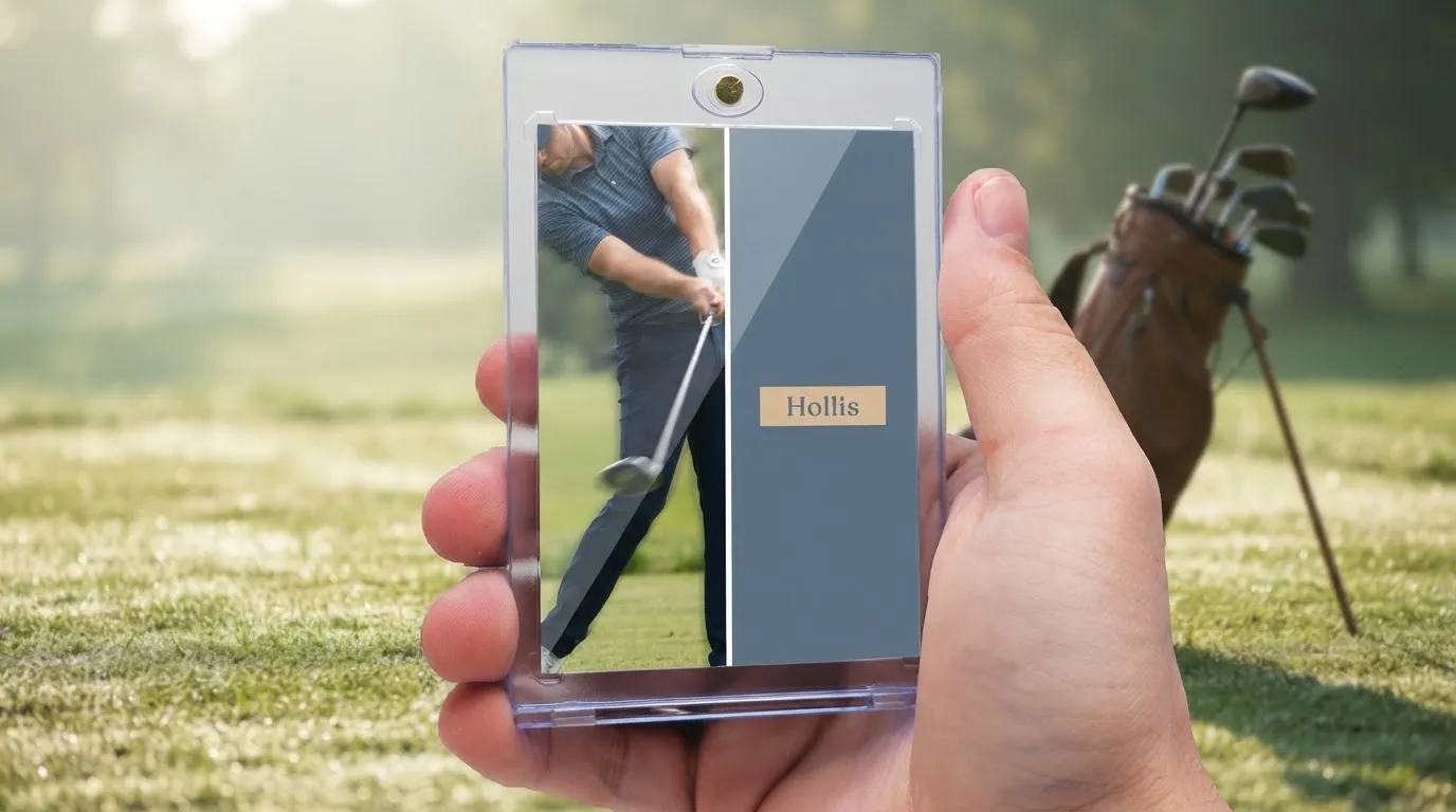 Hand holding magnetic case with golf gag gifts trading card, split-panel golfer swing design.