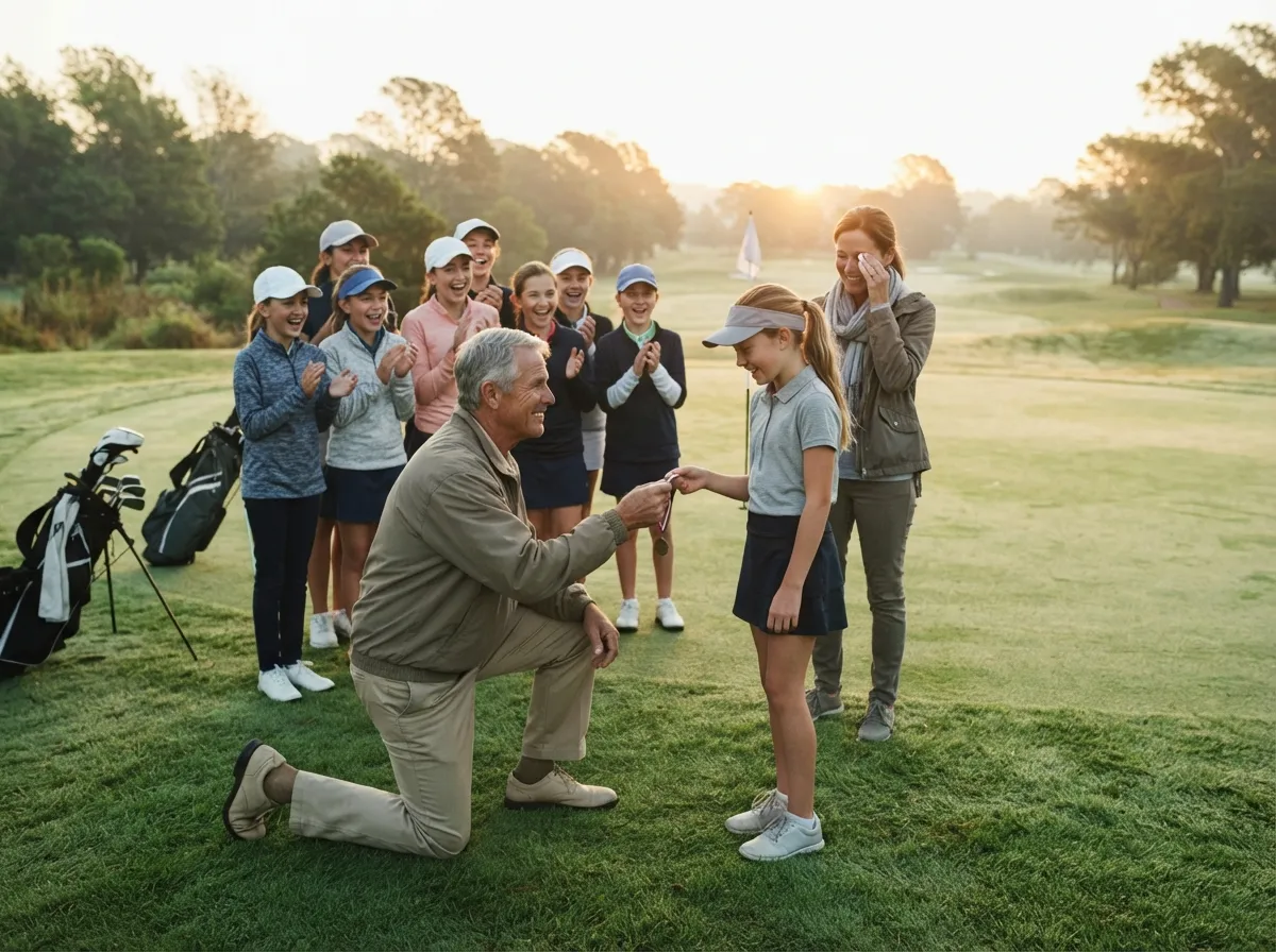 Coach and young golfer share proud emotional moment on dewy fairway at sunrise.