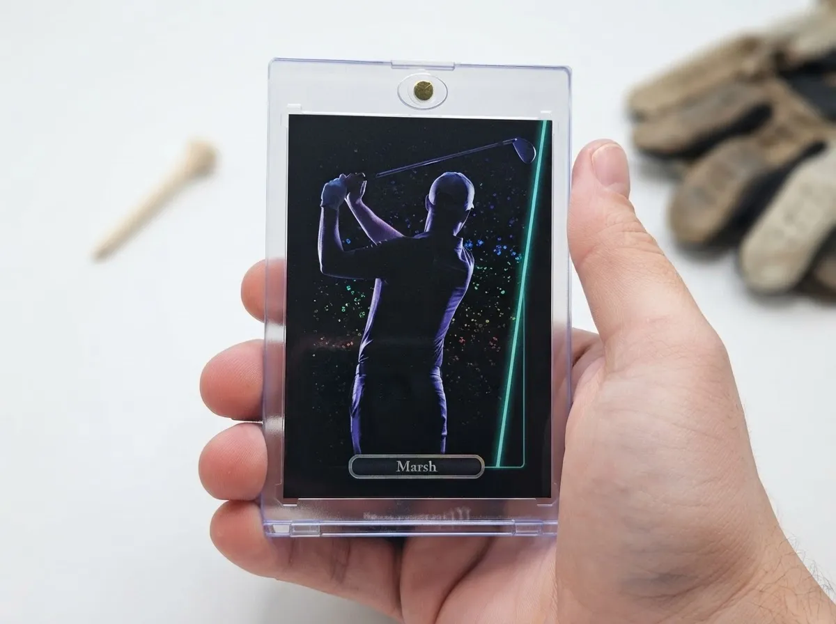 Custom golf trading card in magnetic case, dark dramatic design with neon edge accent.