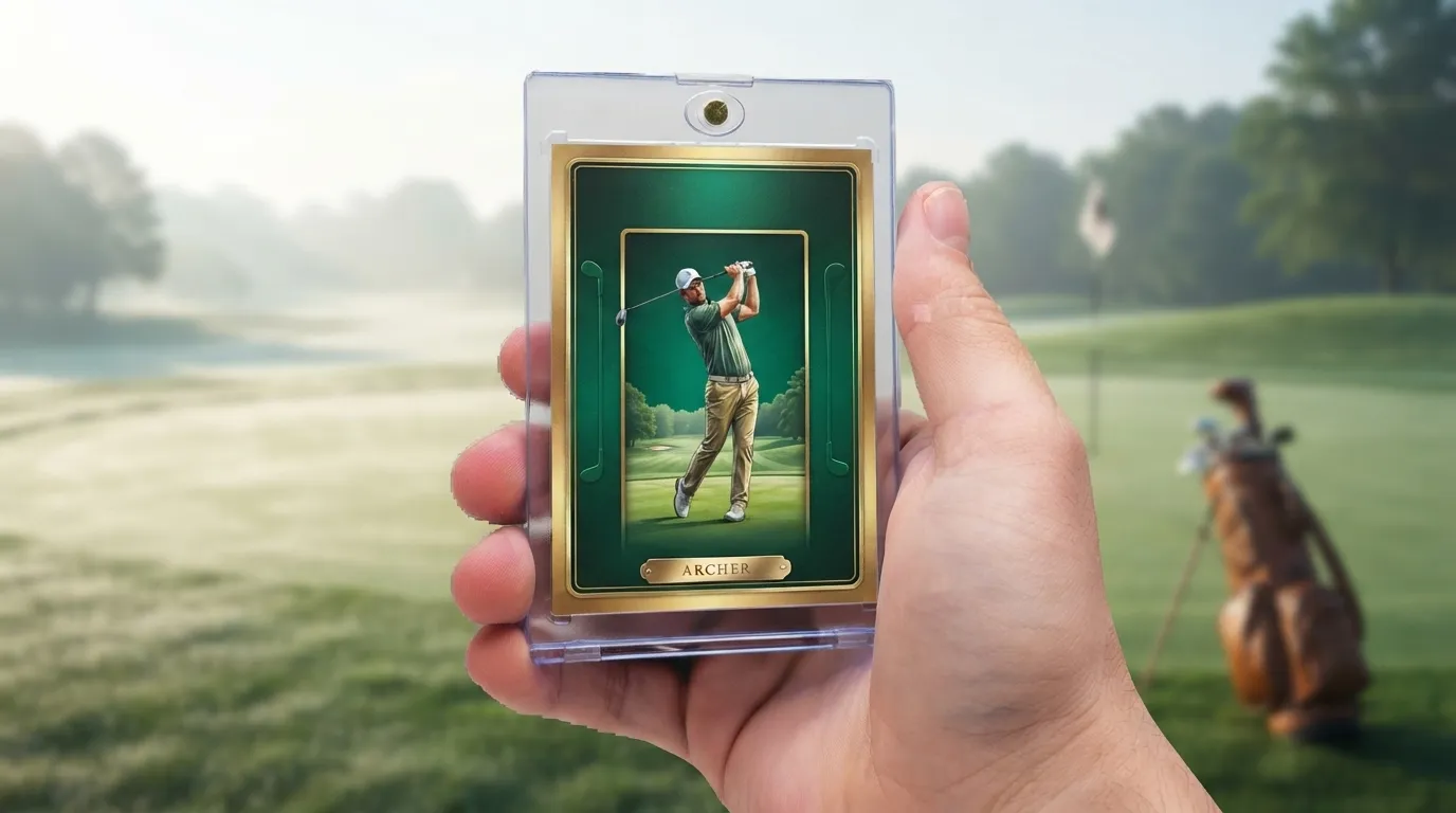 Hand holding magnetic case with gold-foil golf trading card, a premium pick among golf gifts for men.