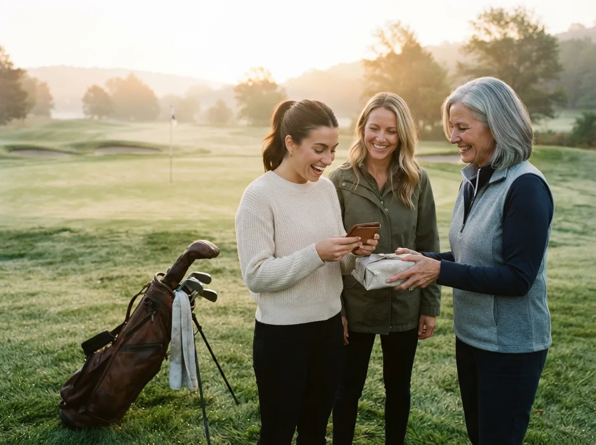 Golfers of different ages sharing a joyful surprise gift moment on a dewy morning fairway.