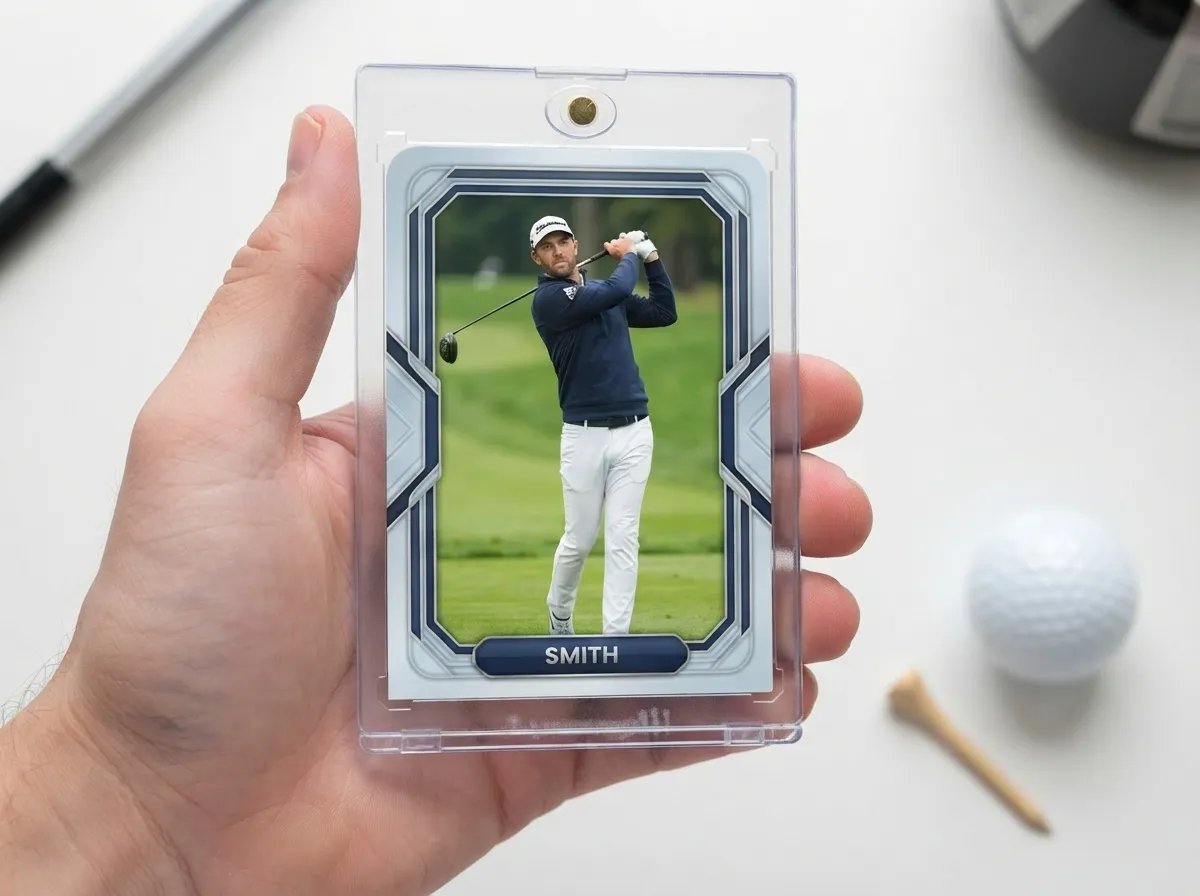 Hand holding custom golf trading card in clear magnetic case beside golf ball and tee.