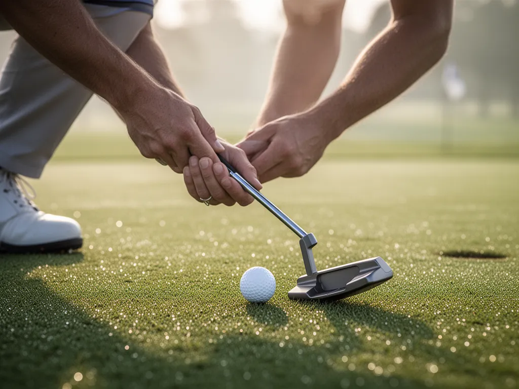 Golfer's concentrated face and hands positioning putter for crucial shot on green