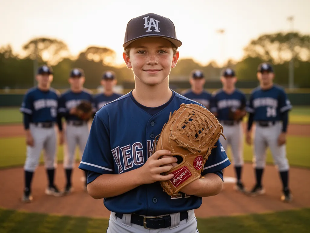 [Young baseball player in glove showing pride and determination during team practice]