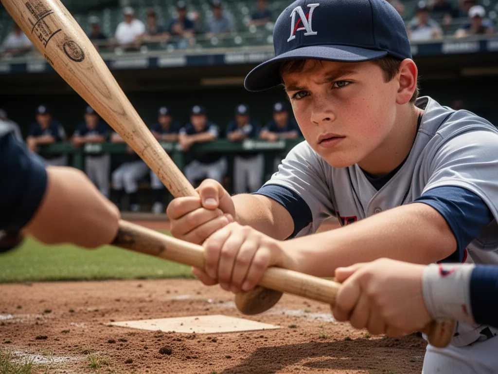 Young baseball player with focused expression gripping bat in dugout before at-bat