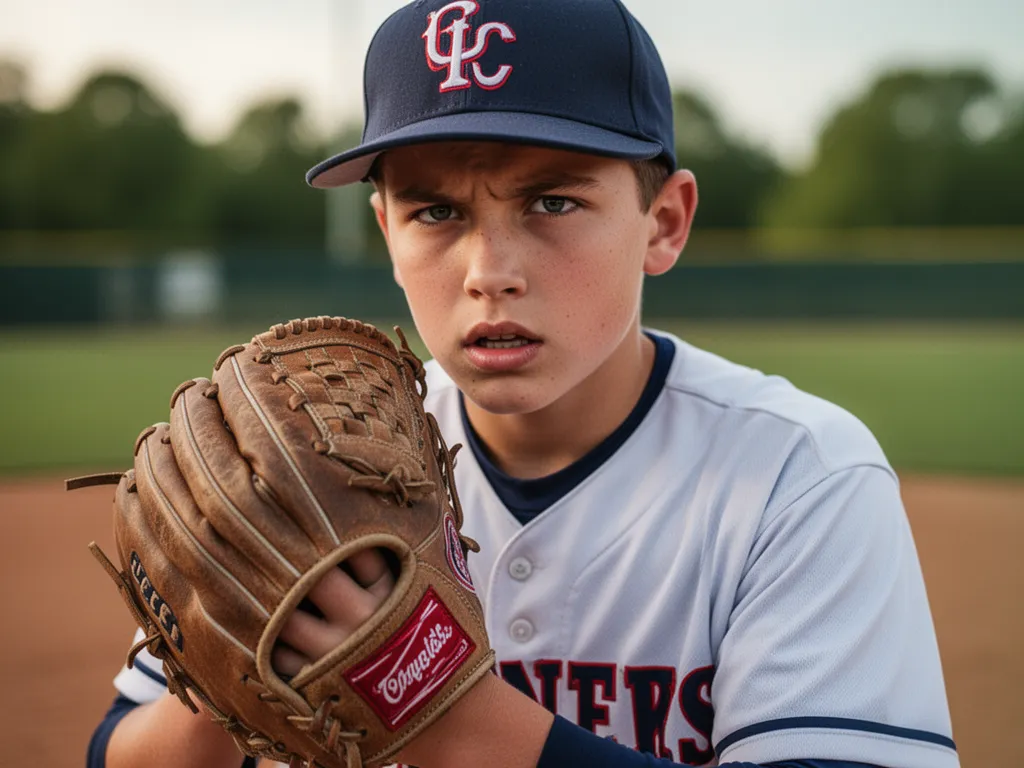 [Young baseball player with glove showing determination and passion for the game]