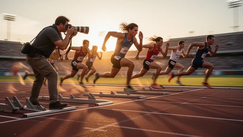 Track athletes sprinting from starting blocks at golden hour with photographer capturing the action