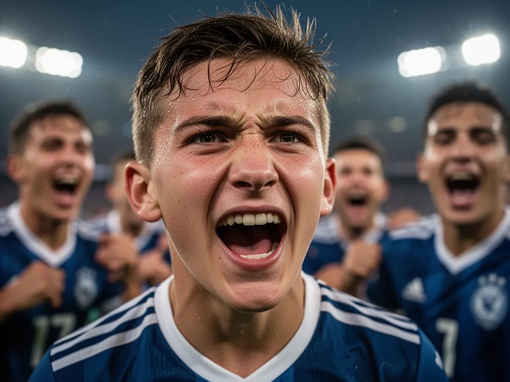 Young soccer player celebrating with intense expression and teammates visible in soft background blur