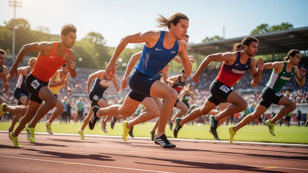 Multiple athletes competing in outdoor sport with dynamic motion and natural lighting