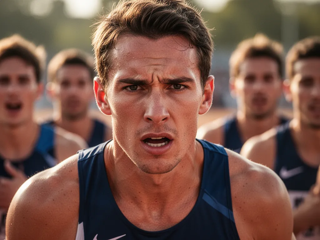 Athlete's determined face during intense moment of competitive outdoor sports action