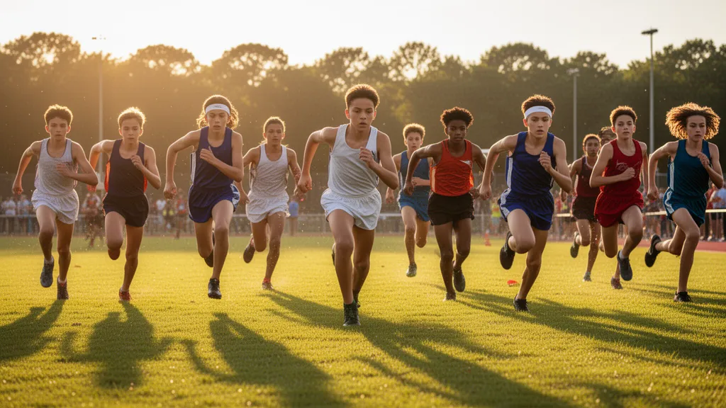 Young athletes running a relay race outdoors in bright natural sunlight with dynamic motion and energy.