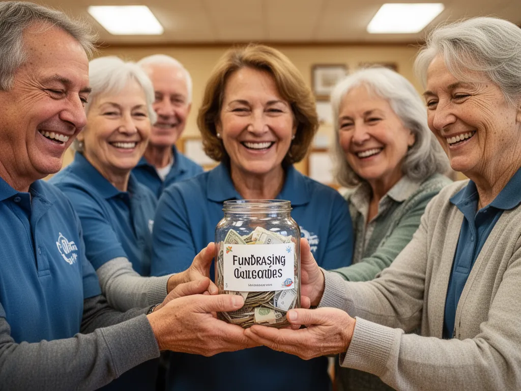 Team members and parents smiling together while holding a fundraising donation jar indoors.