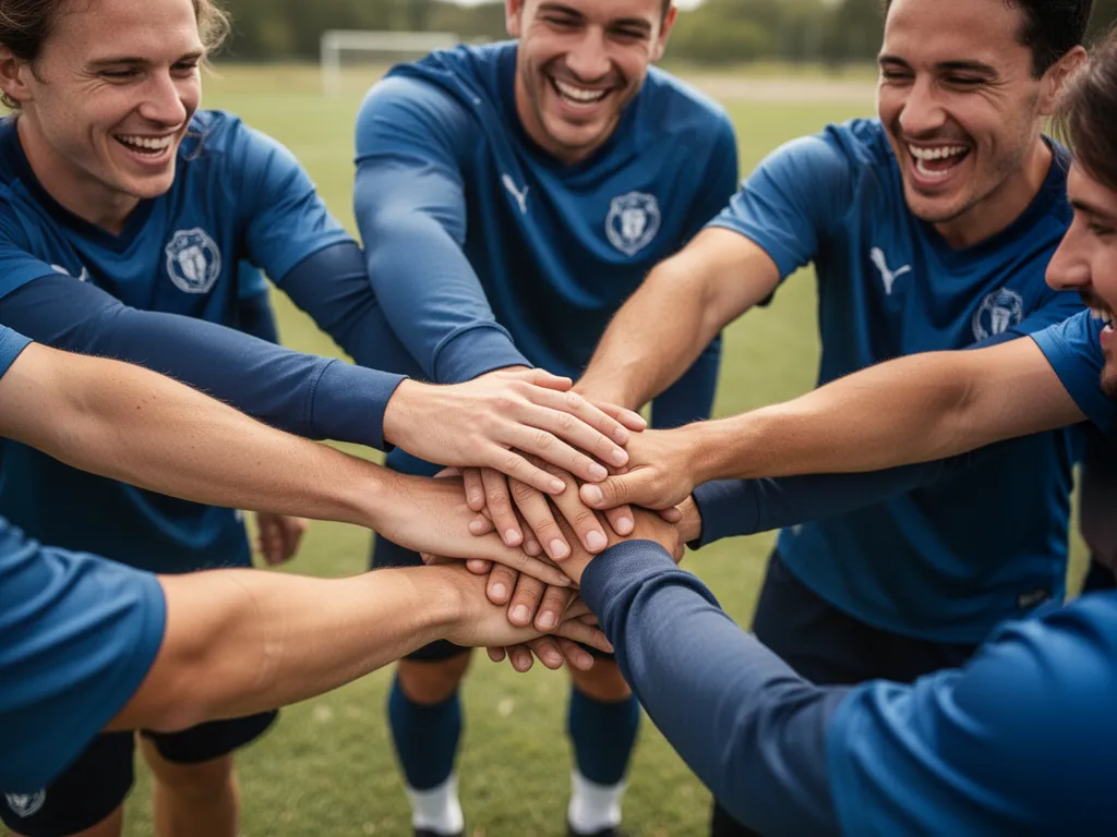 Team members with hands stacked together showing unity and camaraderie