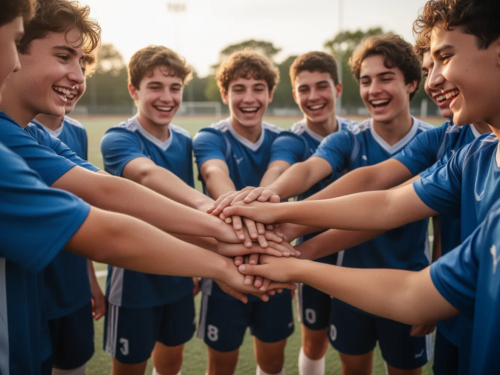 Team athletes placing hands together in huddle showing unity, determination, and collective spirit
