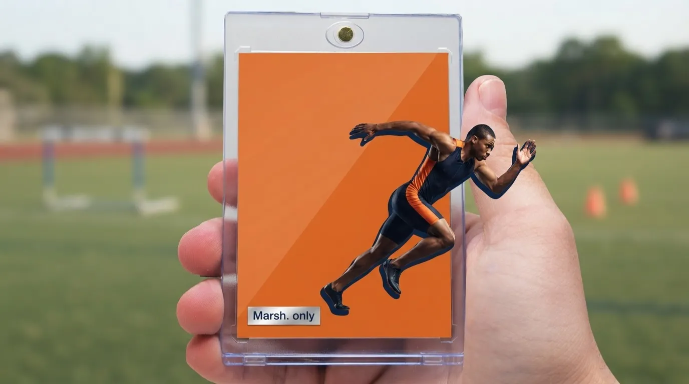 Hand holding magnetic case with bold orange good gag gifts sports trading card of sprinter.