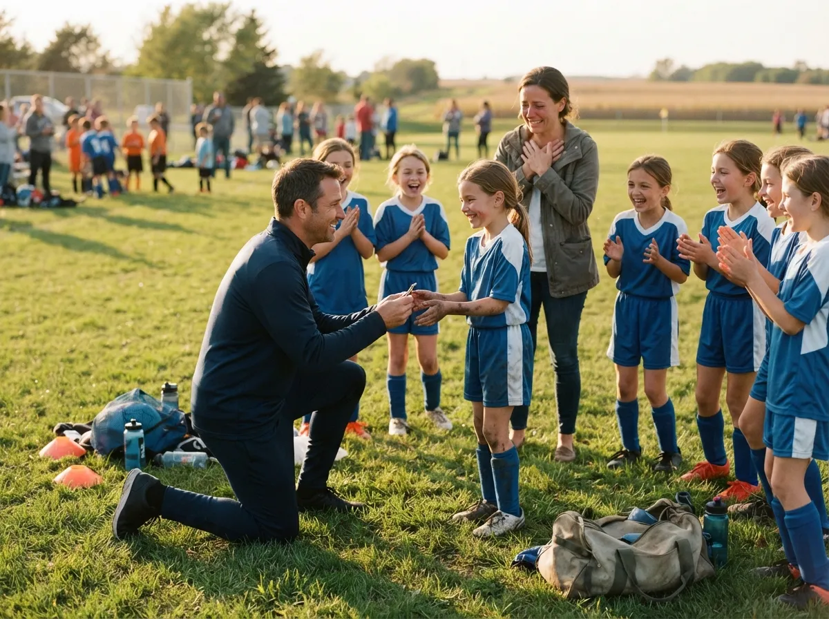 Coach and beaming young athlete share a proud moment as teammates celebrate on the field.