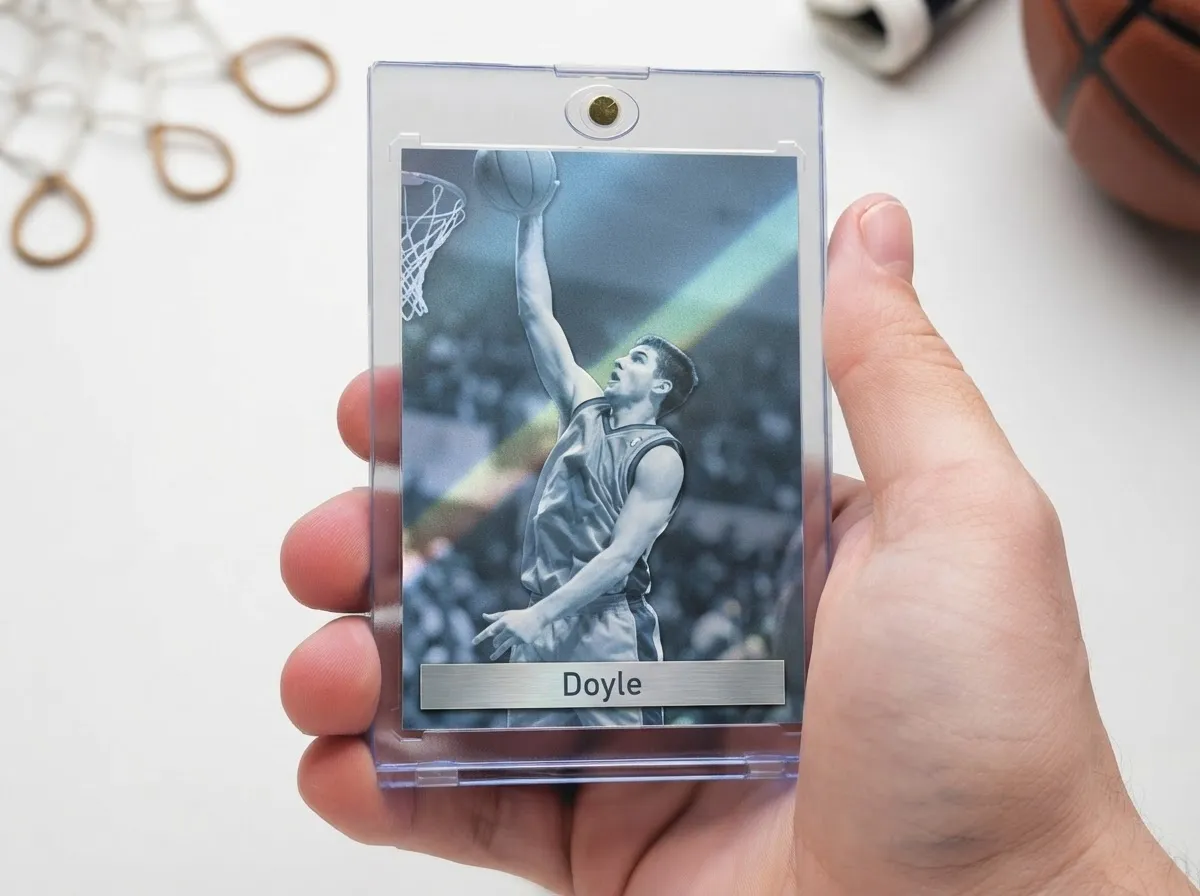 Custom sports trading card in magnetic case showing chrome basketball player design.