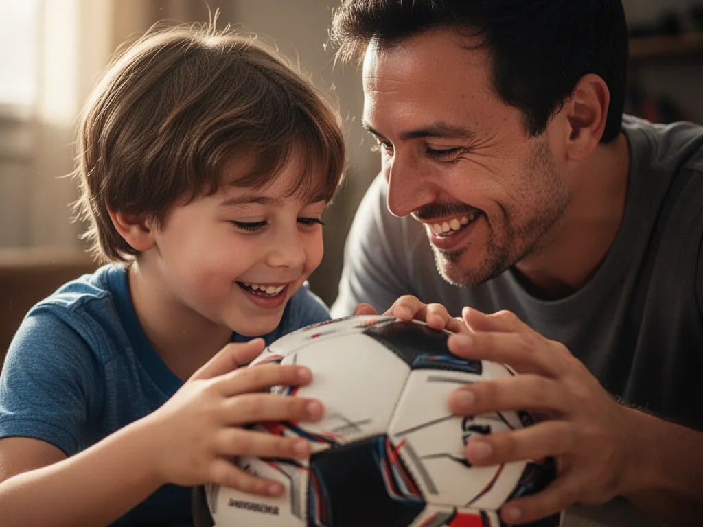 [Parent and child bonding over sports equipment with warm genuine emotion and connection]