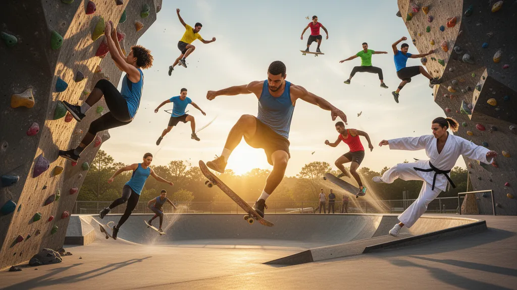 [multiple athletes in action across different sports with natural outdoor lighting and dynamic motion]