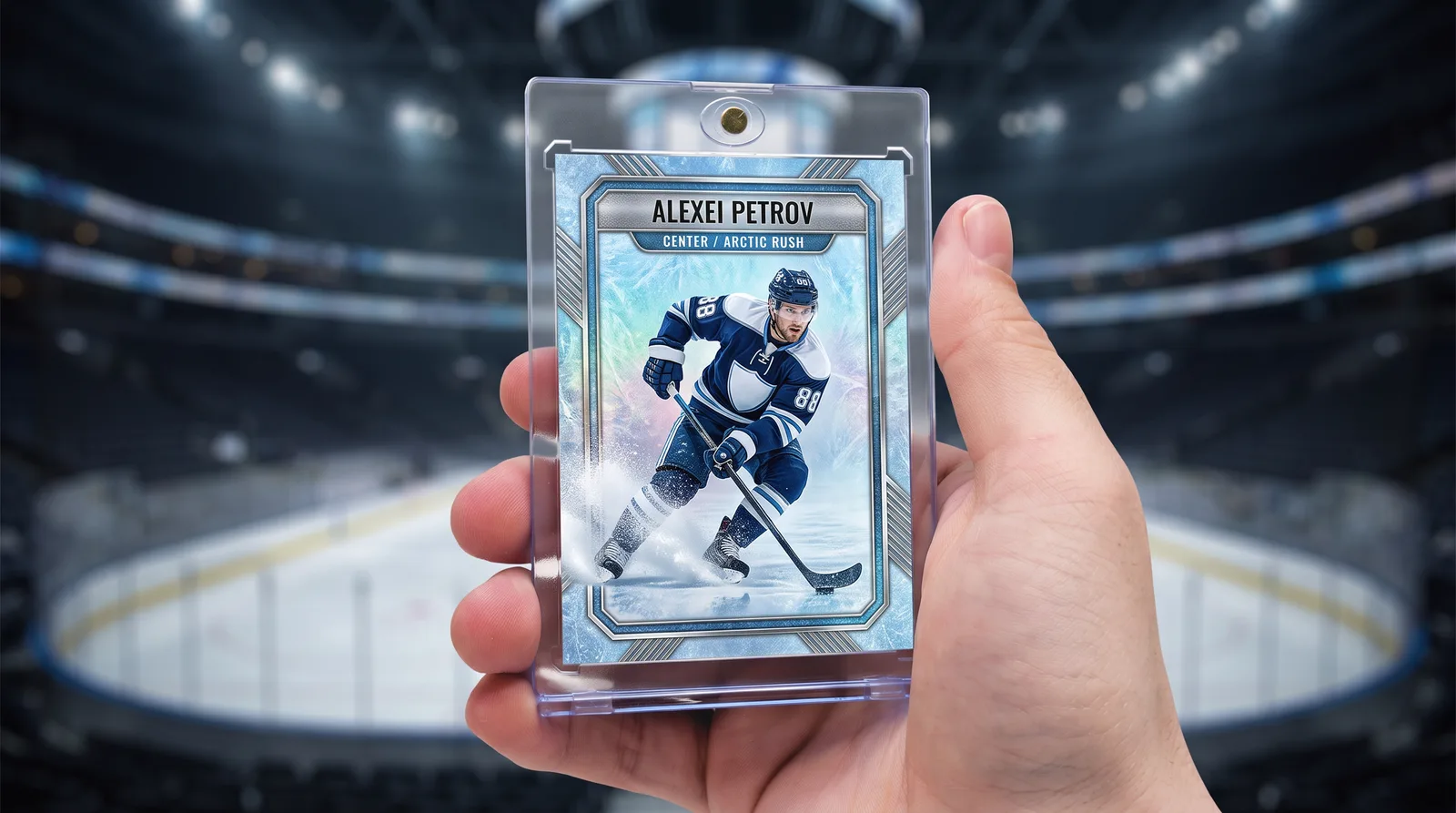 Custom ice hockey trading card held up in front of a blurred arena