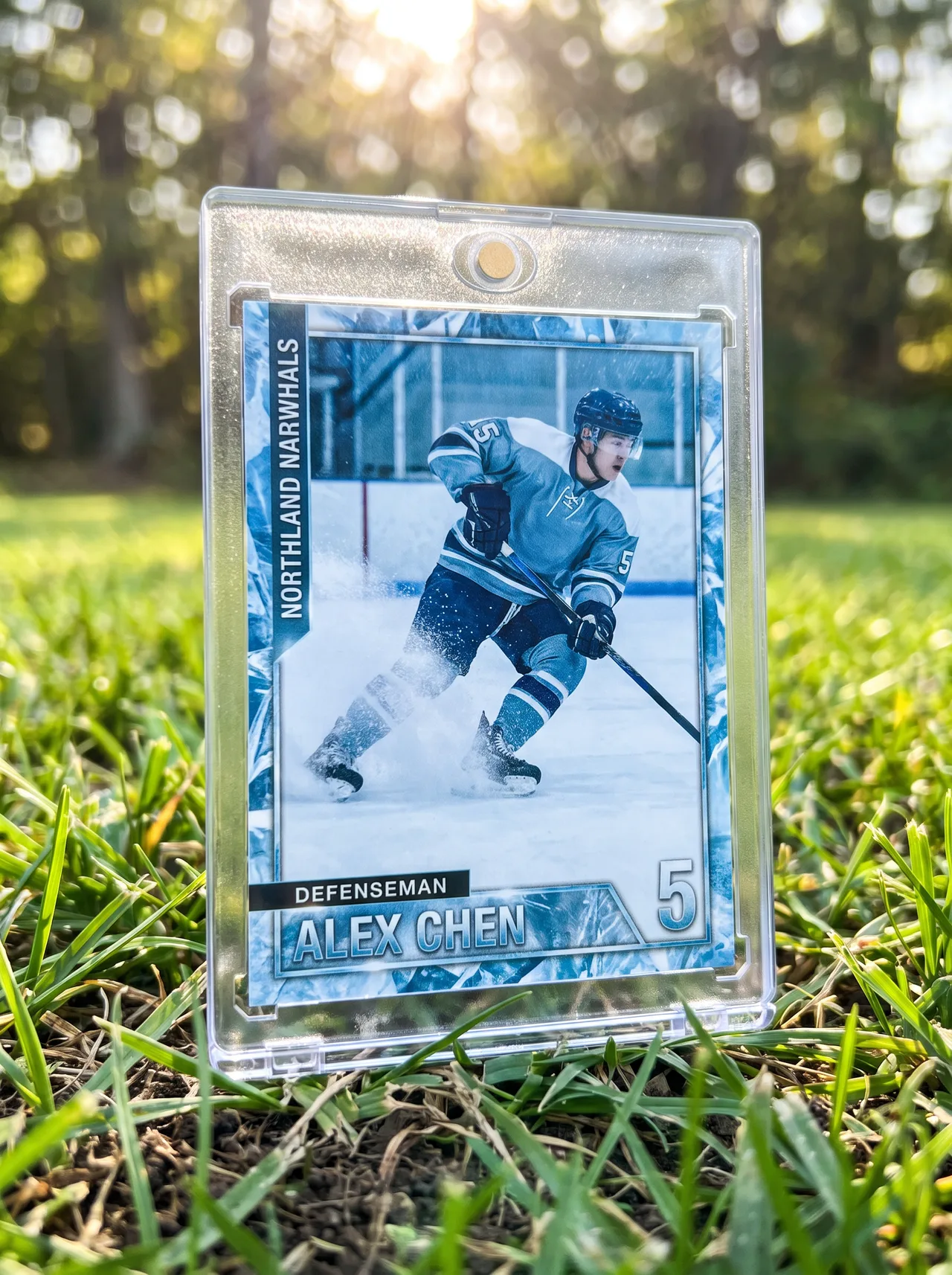 Custom ice hockey trading card standing in its magnetic case on outdoor turf