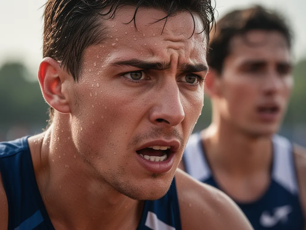 Close-up of athlete's determined face showing intensity during competitive sporting moment outdoors