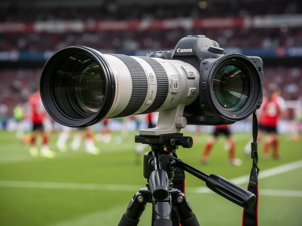 Professional telephoto sports lens mounted on camera equipment during live sporting event