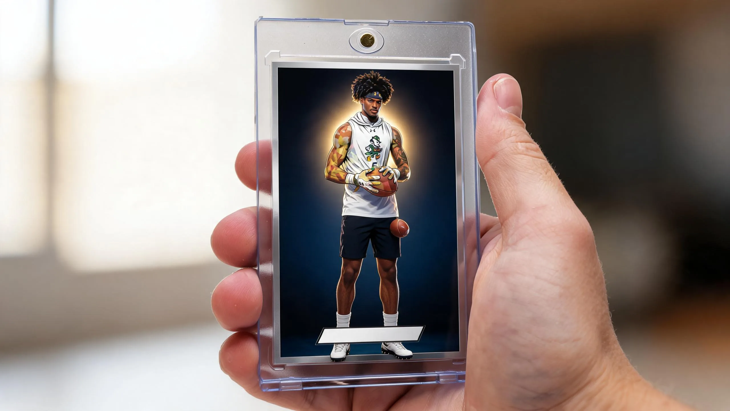 Hand holding a magnetic case with a custom athlete card, promoting good sports fundraisers.