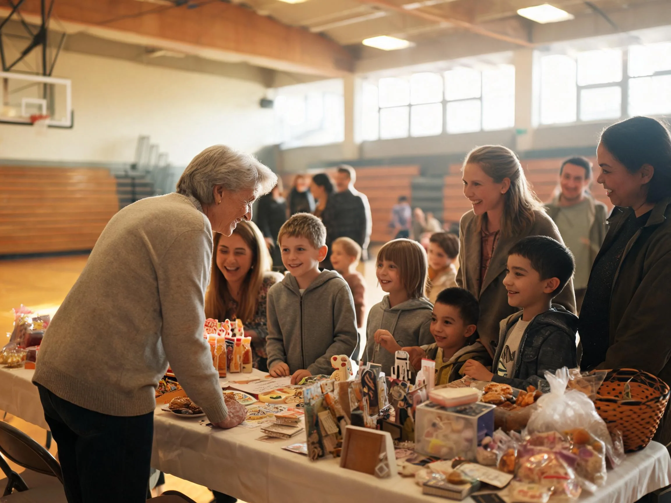Families of various ages gathering warmly at a school fundraiser community table event.
